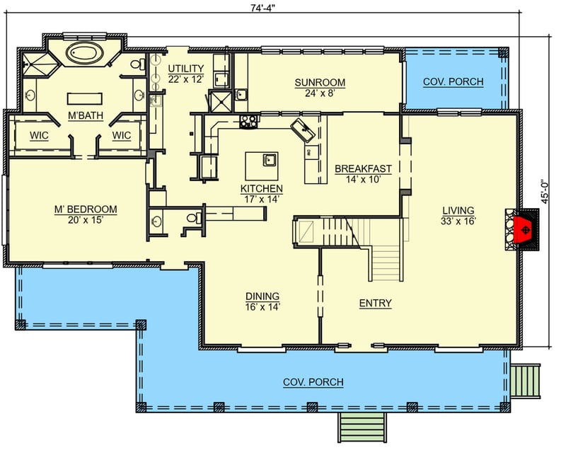 Plan 46077HC: 3-Bed Hill Country Home Plan with Main-floor Master Bedroom and Sunroom - Floor Plan - Main Level - Country, Hill Country, Southern, Traditional