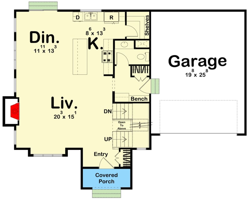 Plan 62995DJ: 3-Bed European Cottage with Open-Concept Living Space - Floor Plan - Main Level - Cottage, European, Tudor