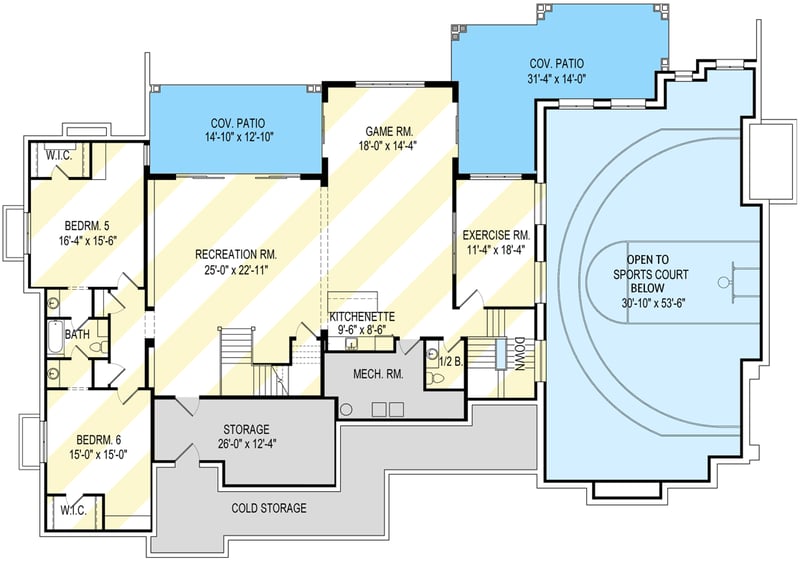 Plan 290139IY: Extravagant Two-story Modern Farmhouse Plan with Casita and Sports Court - Floor Plan - Lower Level - Country, Craftsman, Farmhouse, Modern Farmhouse, Mountain, New American, Northwest