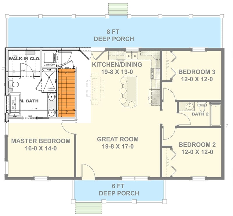 Plan 25022DH: 3-Bed Cottage-Style Ranch House Plan with Split Bedrooms - 1500 Sq Ft - Floor Plan - Basement Stairs Location - Cottage, Country, New American, Southern