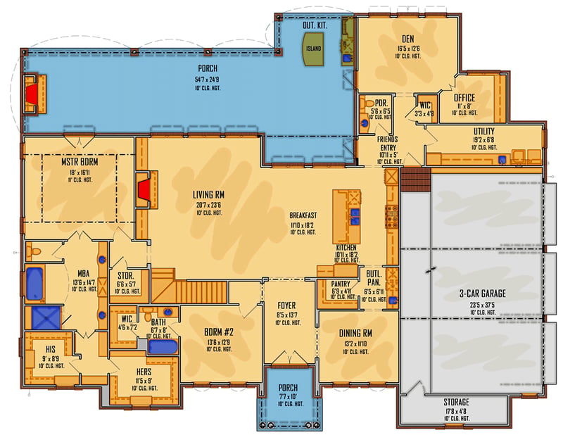 Plan 510187WDY: Exclusive 4-Bed Home Plan with Stacked Front Porch - Floor Plan - Main Level - Southern, Southern Traditional, Traditional