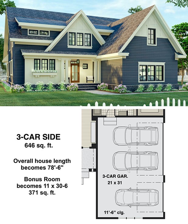 Plan 14702RK: 4-Bed New American Home Plan with a Home Office and Two Laundry Rooms - Floor Plan - 3-Car Side Garage Option - Craftsman, New American