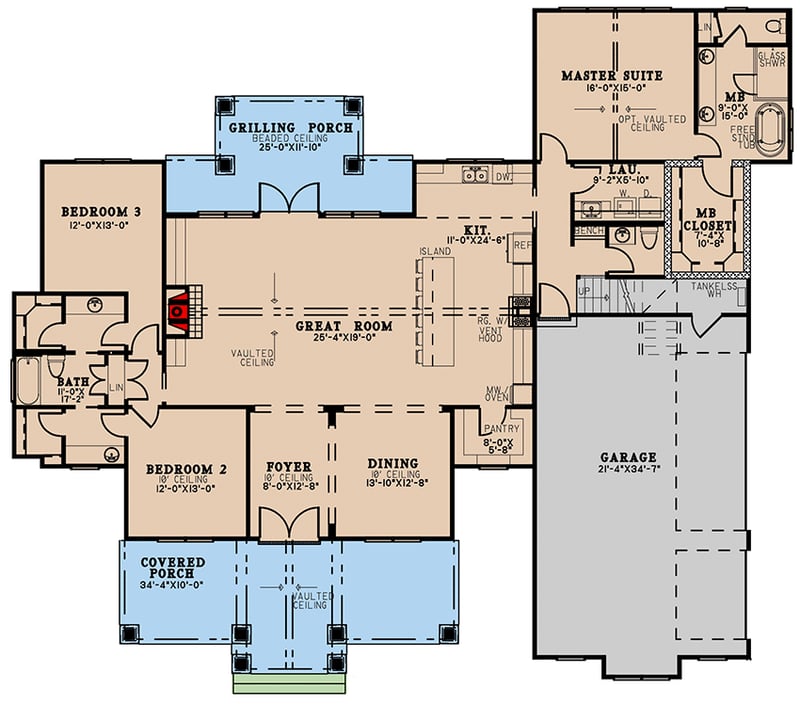 Plan 70801MK: 3-Bed Country Craftsman Home Plan with Large Bonus Room Above 3-Car Garage - Floor Plan - Main Level - Country, Craftsman, Mountain, New American