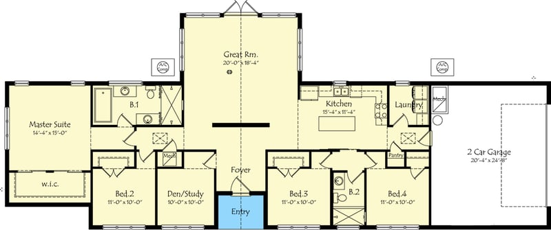 Plan 42858MJ: 4-Bed Mid-Century Modern House Plan with Vaulted Great Room with French Doors to the Back - Floor Plan - Main Level - Contemporary, Mid Century Modern, Modern