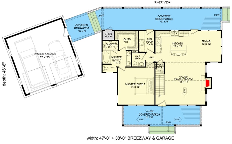 Plan 68749VR: Cottage Escape with 3 Master Suites and a Breezeway to the Garage - Floor Plan - Main Level - Country, Craftsman, Rustic
