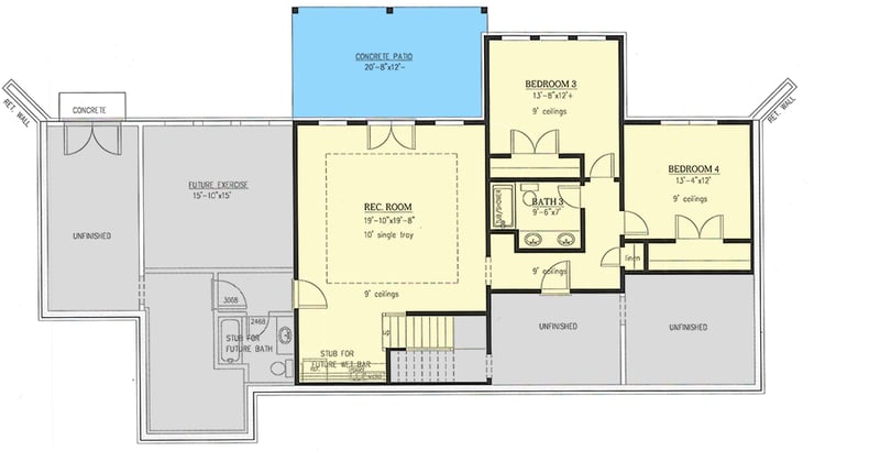 Plan 24416TW: 4-Bed Country Craftsman House Plan with Walk-out Lower Level - 3447 Sq Ft - Floor Plan - Lower Level - Coastal, Country, Craftsman, New American