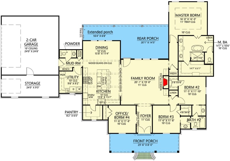 Plan 56499SM: Modern Farmhouse Plan with Home Office and Extended Rear Porch - 2359 Ssq Ft - Floor Plan - Main Level - Country, Farmhouse, Modern Farmhouse, Southern