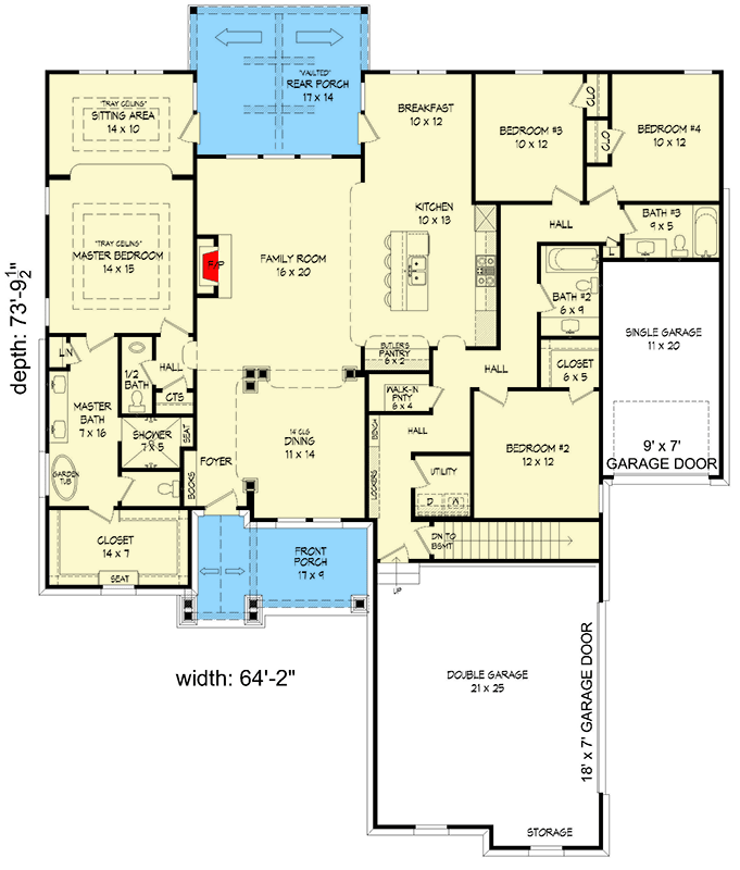Plan 68757VR: One-story Craftsman House Plan with Vaulted Family Room on a Basement - Floor Plan - Main Level - Craftsman, Northwest, Ranch