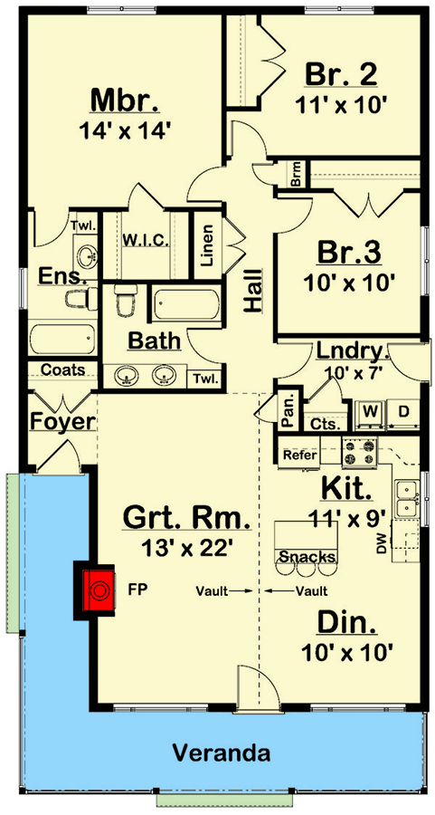 Plan 67812MG: 3-Bed Cottage with Wraparound Veranda - Floor Plan - Main Level - Cottage, Country, Southern, Traditional