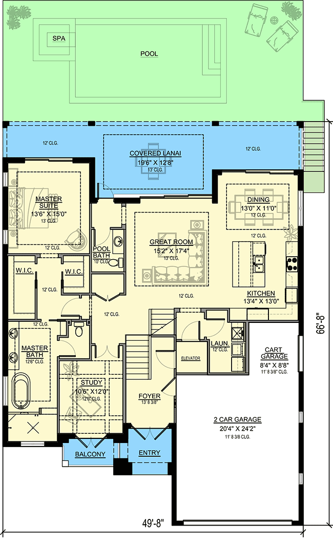 Plan 65641BS: Transitional Mediterranean House Plan with Main-floor Master Suite - Floor Plan - Main Level - Coastal, European, Florida-Style, Mediterranean, Transitional