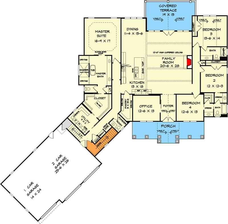 Plan 360080DK: Craftsman House Plan with 3-Car Angled Garage - Floor Plan - Main Level - Country, Craftsman, Northwest, Ranch