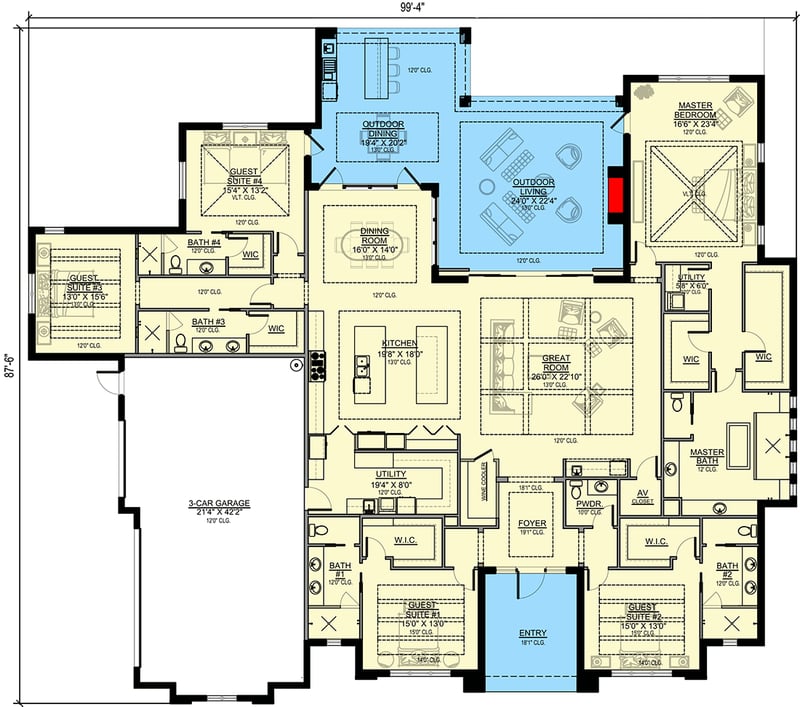 Plan 65645BS: Contemporary Florida Home Plan with Grand Outdoor Living Area - Floor Plan - Main Level - Coastal, Contemporary, European, Florida-Style, Mediterranean, Southern, Transitional