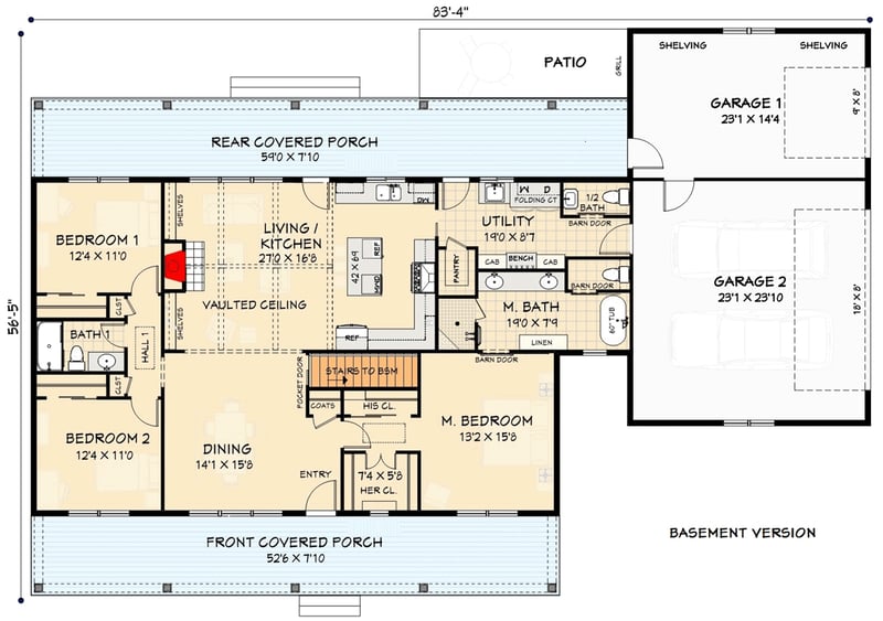 Plan 28944JJ: 3-Bed Country Ranch Plan with Split Bedrooms and 3-Car Garage - Floor Plan - Basement Stairs - Country, Farmhouse, Ranch, Rustic, Traditional