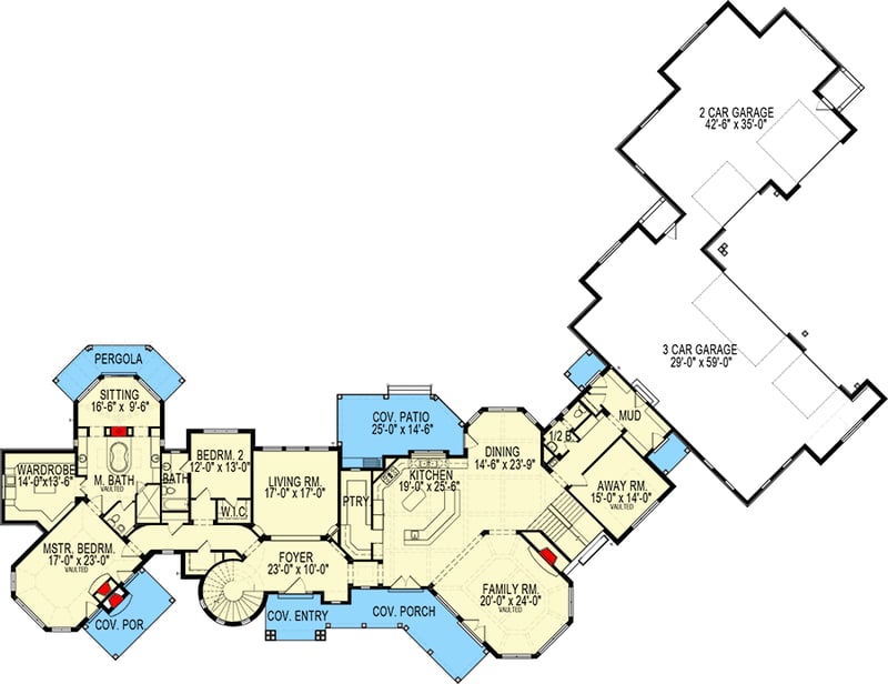 Plan 290155IY: Sprawling 5-Bed Home Plan with Sports Court, Media Room, and 5-Car Garage - Floor Plan - Main Level - European