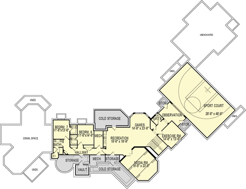Plan 290155IY: Sprawling 5-Bed Home Plan with Sports Court, Media Room, and 5-Car Garage - Floor Plan - Lower Level - European
