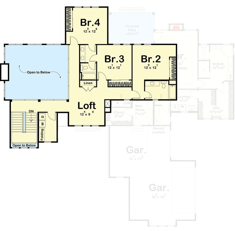 Plan 62369DJ: 4-Bed Transitional House Plan with 2-Story Great Room - Floor Plan - 2nd Floor - Country, European, Transitional, Tudor