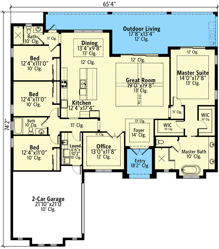 Plan 65660BS: Coastal Mediterranean Home Plan with Study and Split Bedrooms - Floor Plan - Main Level - Coastal, European, Florida-Style, Mediterranean, Transitional