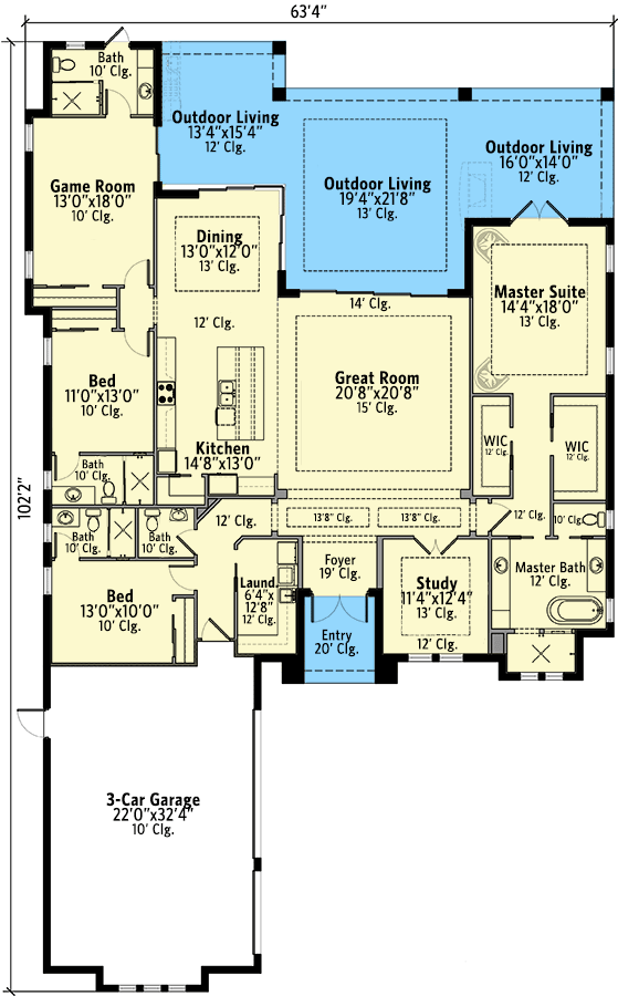 Plan 65664BS: Craftsman Florida Home Plan with Game Room and 3-Car Garage - Floor Plan - Main Level - Coastal, Craftsman, European, Florida-Style, New American, Southern, Transitional