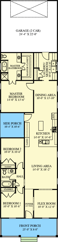 Plan 521009TTL: 25'-wide Cottage with 3 Bedrooms and a Rear-access Garage - Floor Plan - Main Level - Cottage, Country, Southern, Traditional