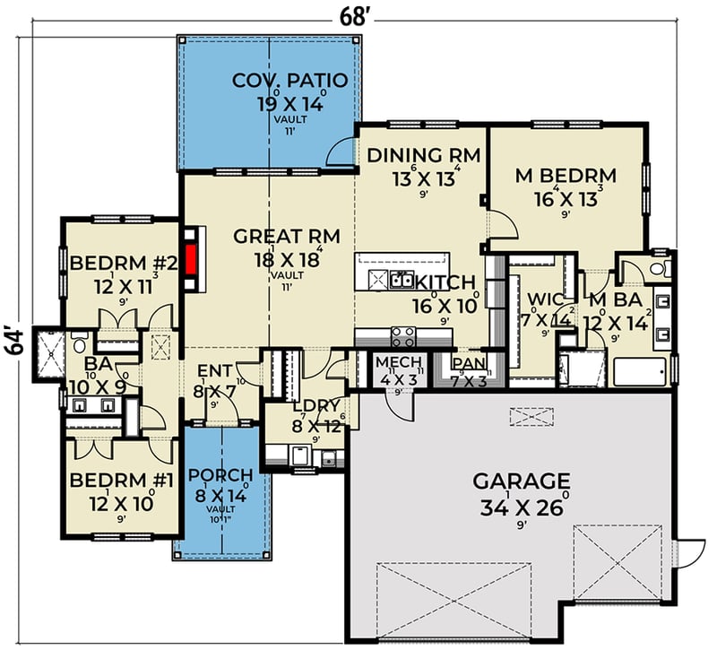 Plan 280140JWD: Craftsman House Plan with Split Bedrooms and Covered Patio - 1924 Sq Ft - Floor Plan - Main Level - Craftsman, New American, Ranch