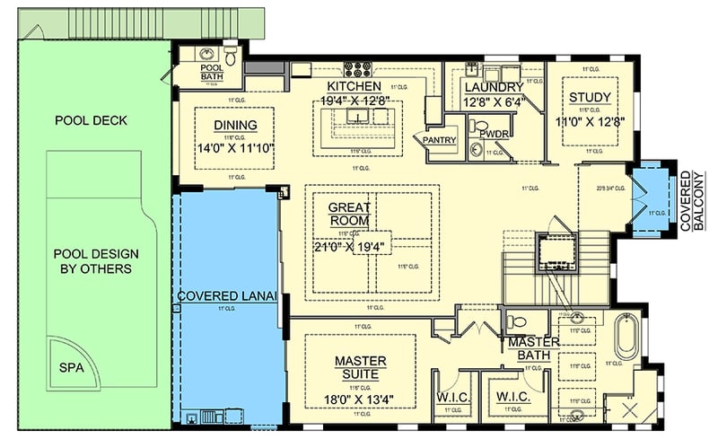 Plan 65683BS: Stucco-clad Beach Home Plan with Pool Concept - Floor Plan - Main Level - Coastal, European, Florida-Style, Mediterranean, Southern, Transitional