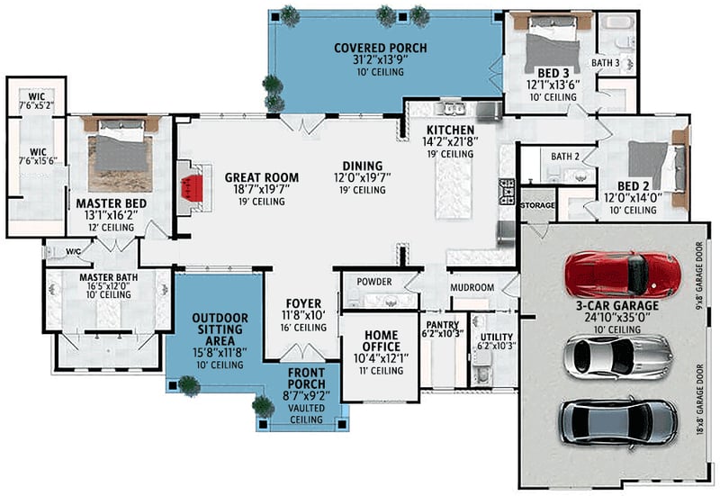 Plan 430074LY: 3-Bed New American Craftsman Plan with Split Bedrooms and Home Office - Floor Plan - Main Level - Craftsman, Hill Country, New American, Ranch, Rustic