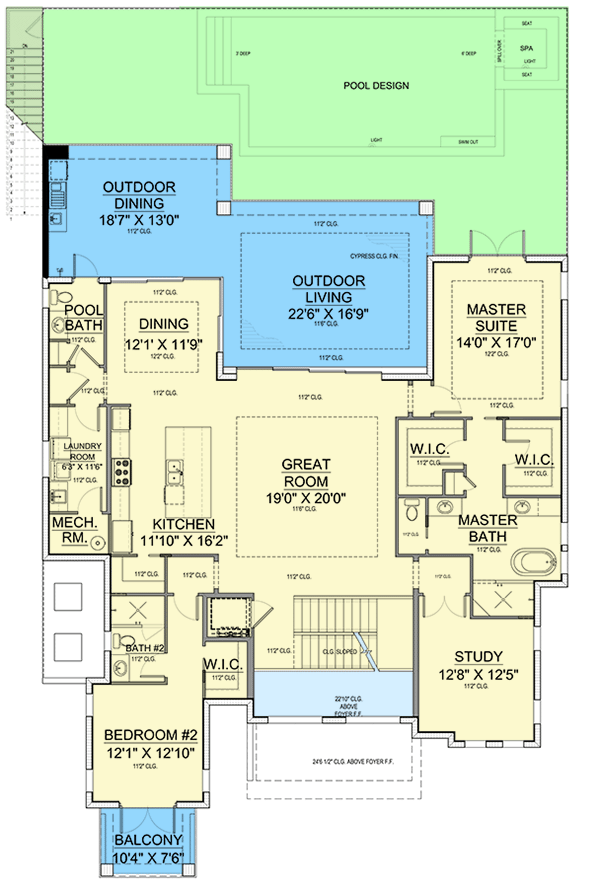 Plan 65686BS: Southern Coastal Home Plan with Pool Concept and Elevator - Floor Plan - Main Level - European, Florida-Style, Mediterranean, Southern