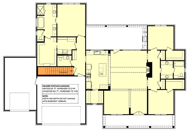 Plan 51868HZ: Open 3-Bed New American Farmhouse with 3-Car Garage - Floor Plan - Main Level - Basement Stairs Location - Country, Craftsman, Farmhouse, Modern Farmhouse, New American