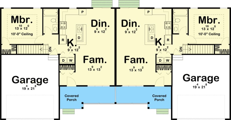 Plan 623015DJ: Multi-family Home Plan with Two 1-Bedroom Units - Floor Plan - Main Level - Cottage, Country, Craftsman, Ranch, Traditional