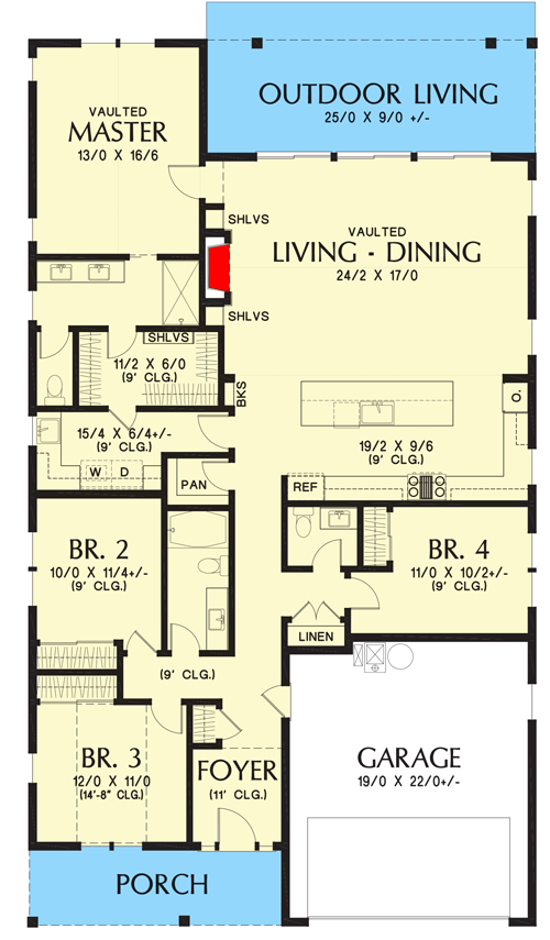 Plan 69772AM: 4-Bed Modern Cottage with Rear Covered Porch and Double Garage - Floor Plan - Main Level - Cottage, Country, Farmhouse, Modern Farmhouse, Traditional