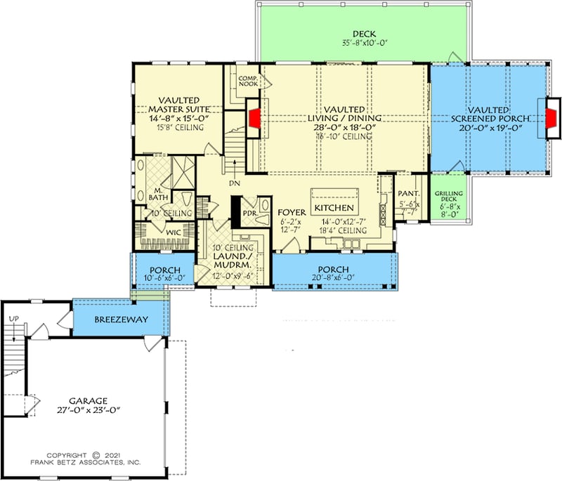 Plan 710394BTZ: Country Home Plan for the Sloping Lot with Flex Room Above the Detached Garage - Floor Plan - Main Level - Country, Southern, Traditional