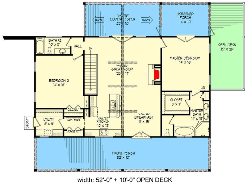 Plan 68777VR: Lake House with Drive-under Garage in Back and an Open Vaulted Interior - Floor Plan - Main Level - Country, Mountain, Ranch