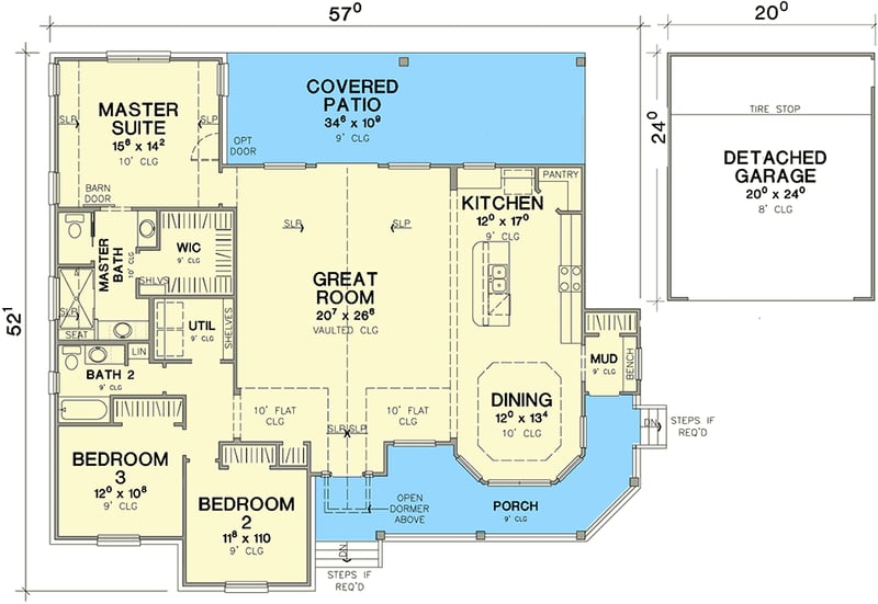 Plan 31199D: One-level Country House Plan with Detached Garage - Floor Plan - Main Level - Country, Hill Country, Ranch, Traditional