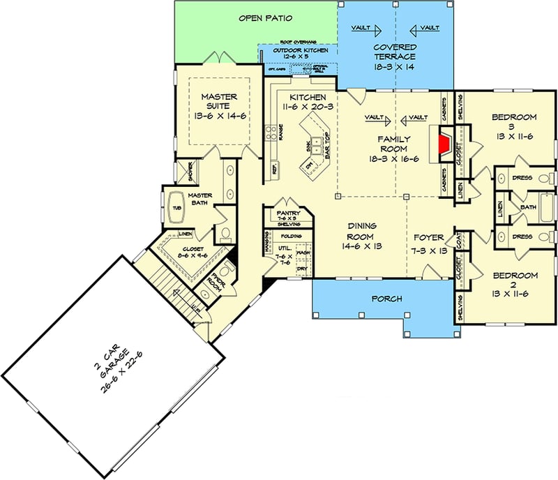 Plan 360083DK: Angled Craftsman House Plan with 3 Bedrooms and a Bonus Room Above the Garage - 2097 Sq Ft - Floor Plan - Main Level - Country, Craftsman, Northwest, Ranch, Traditional