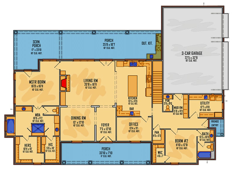 Plan 510204WDY: Exclusive New American Home Plan with Home Office and Partially-screened Porch - Floor Plan - Main Level - Country, Farmhouse, New American, Southern, Traditional