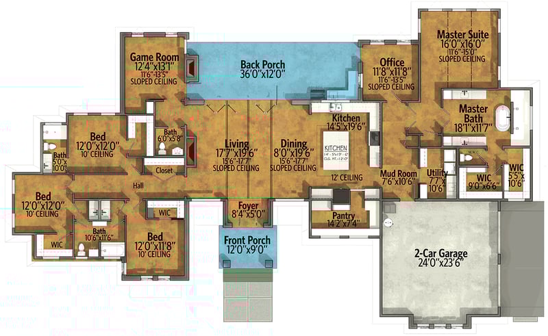 Plan 430080LY:  4-Bed Contemporary Home Plan with Home Office, Game Room and Dynamic Ceilings - Floor Plan - Main Level - Contemporary, Mid Century Modern, Modern, Ranch
