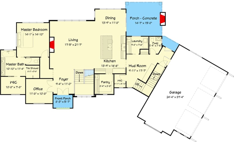 Plan 149010AND: New American Home Plan with Angled 3-Car Garage - Floor Plan - Main Level - Contemporary, New American, Transitional
