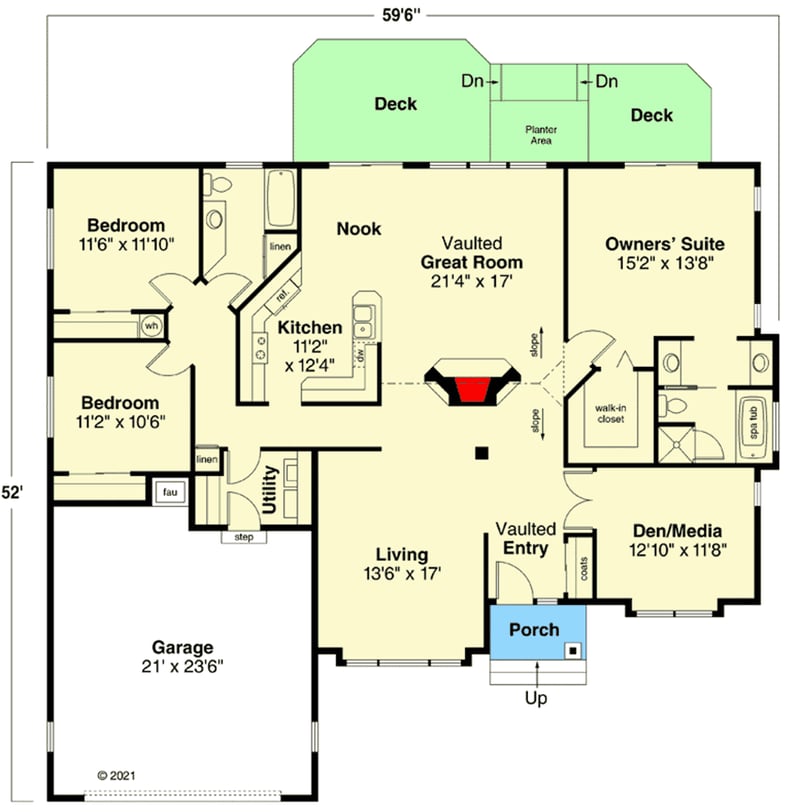 Plan 72286DA: Traditional Home Plan with Centrally Located Fireplace - Floor Plan - Main Level - Craftsman, Traditional