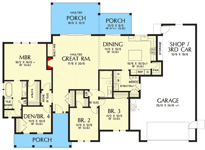 Plan 69775AM: Contemporary Ranch Home Plan with Flex Room and Deep Tandem-ready Garage - 1975 Sq Ft - Floor Plan - Main Level - Country, Craftsman, New American, Traditional