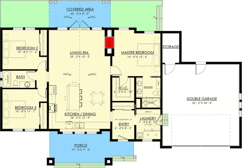 Plan 270042AF: One-Story Modern Farmhouse Under 1,500 Square Feet with Vaulted Interior - Floor Plan - Main Level - Modern Farmhouse, Mountain, New American, Ranch