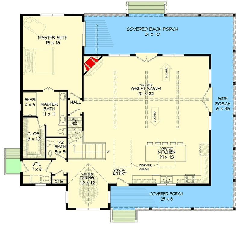 Plan 68820VR: Lake Retreat with 3-Side Porch and 2-Story Great Room - 2366 Sq Ft - Floor Plan - Main Level - Country, Craftsman, Farmhouse, Mountain