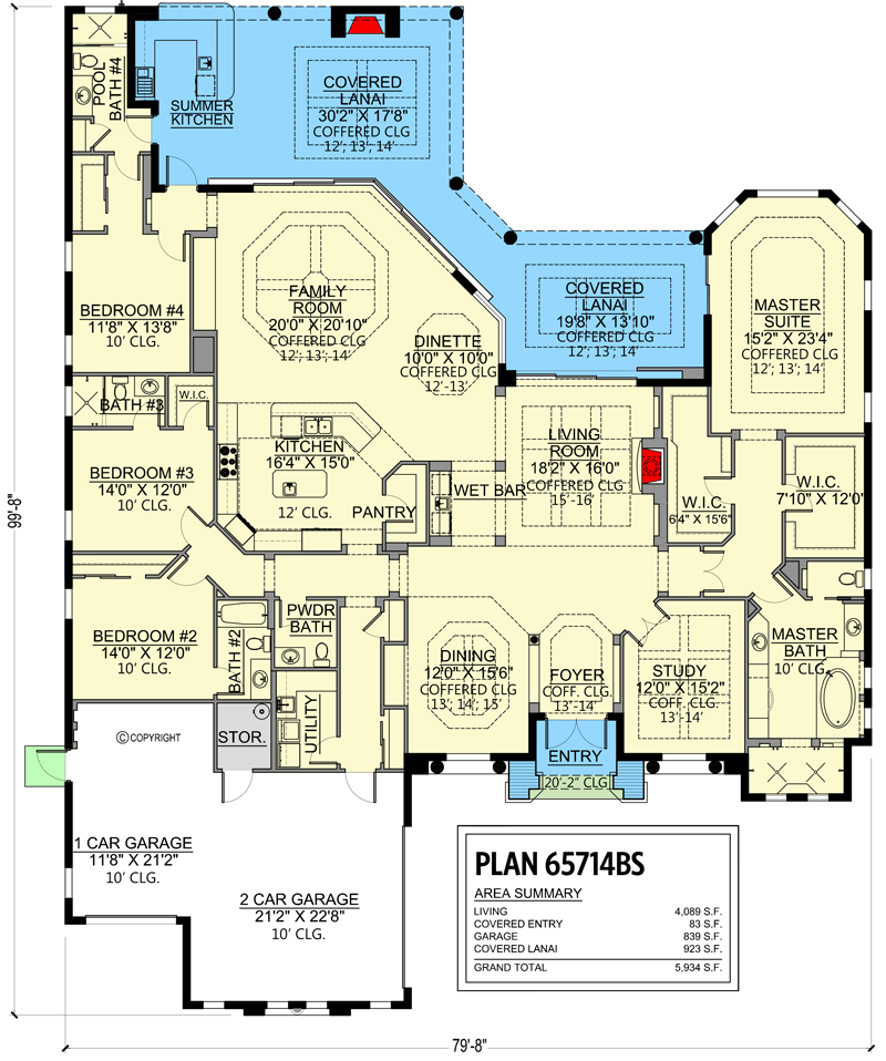 Plan 65714BS: Mediterranean-style Florida Home Plan with Large Covered Lanai - Floor Plan - Main Level - Coastal, European, Florida-Style, Mediterranean, Southern