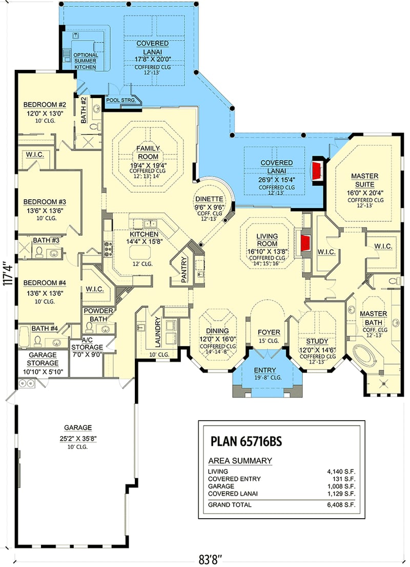 Plan 65716BS: One-level Florida Home Plan with Spacious Covered Lanai - Floor Plan - Main Level - Coastal, European, Florida-Style, Mediterranean, Southern