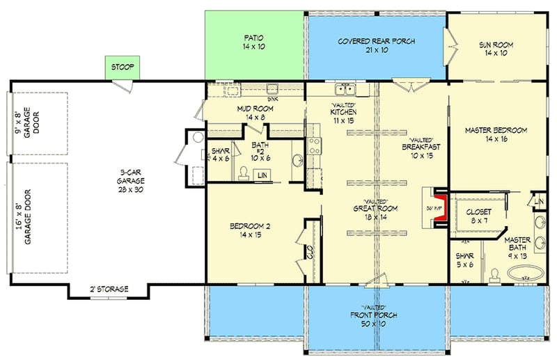 Plan 68829VR: Mountain Ranch Home Plan with Vaulted Entry Porch and Side-entry Garage - Floor Plan - Main Level - Country, Mountain, Ranch