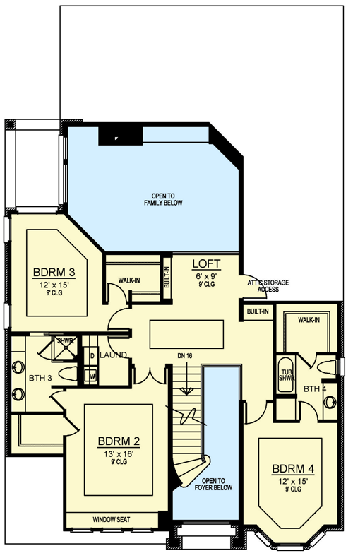 Plan 36434TX: Narrow Traditional Home Plan with 2-Story Foyer and Family Room - Floor Plan - 2nd Floor - European, French Country, Hill Country, Southern