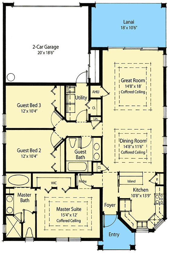 Plan 33037ZRX: Narrow Lot House Plan Under 1600 Sq Ft with 3 Clustered Bedrooms - Floor Plan - Main Level - Cottage, Southern