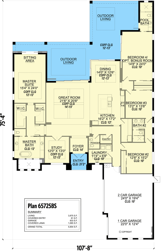 Plan 65725BS: 4-Bed Coastal Home Plan with Sizable Outdoor Living Area - Floor Plan - Main Level - Coastal, Coastal Contemporary, European, Florida-Style, Mediterranean, Southern, Transitional