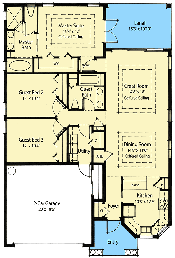 Plan 33043ZRX: 3-Bed House Plan Under 40-Feet Wide - 1585 Sq Ft - Floor Plan - Main Level - Cottage, Southern, Traditional