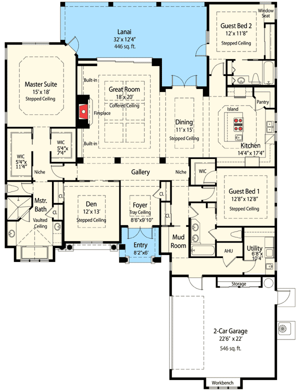 Plan 33062ZR: Single Story House Plan with 2780 Square Feet of Heated Living and 10-Foot Ceilings - Floor Plan - Main Level - Mediterranean, Southwest