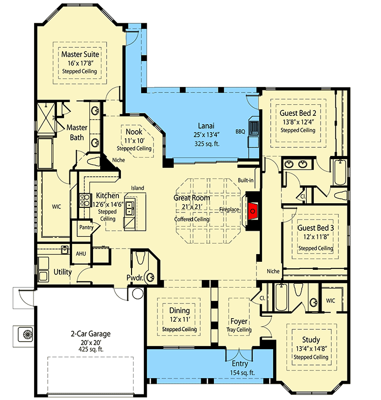 Plan 33063ZRX: 59-Foot-Wood 3 Bedroom House Plan with 2-Car Garage - 2723 Sq Ft - Floor Plan - Main Level - Southern, Traditional